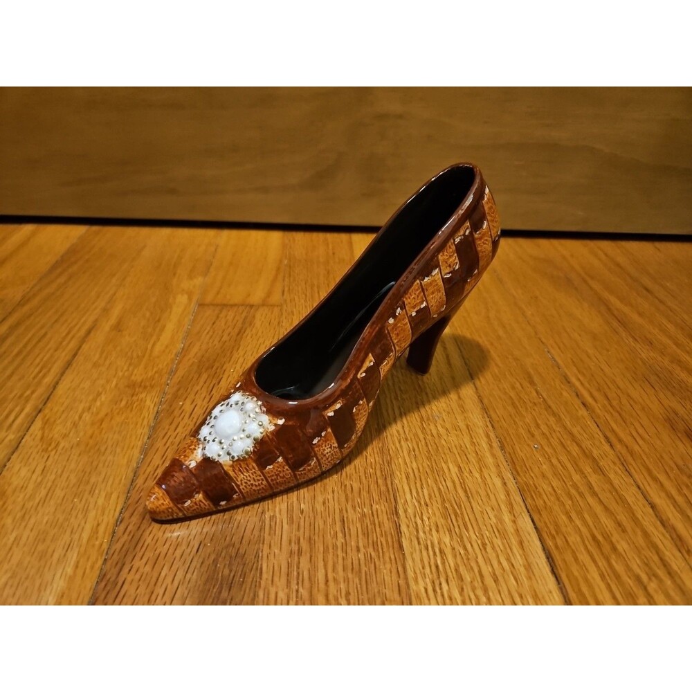 Vintage Two Tone Brown Porcelain Patchwork Women's High Heel Shoe Jewelry Holder